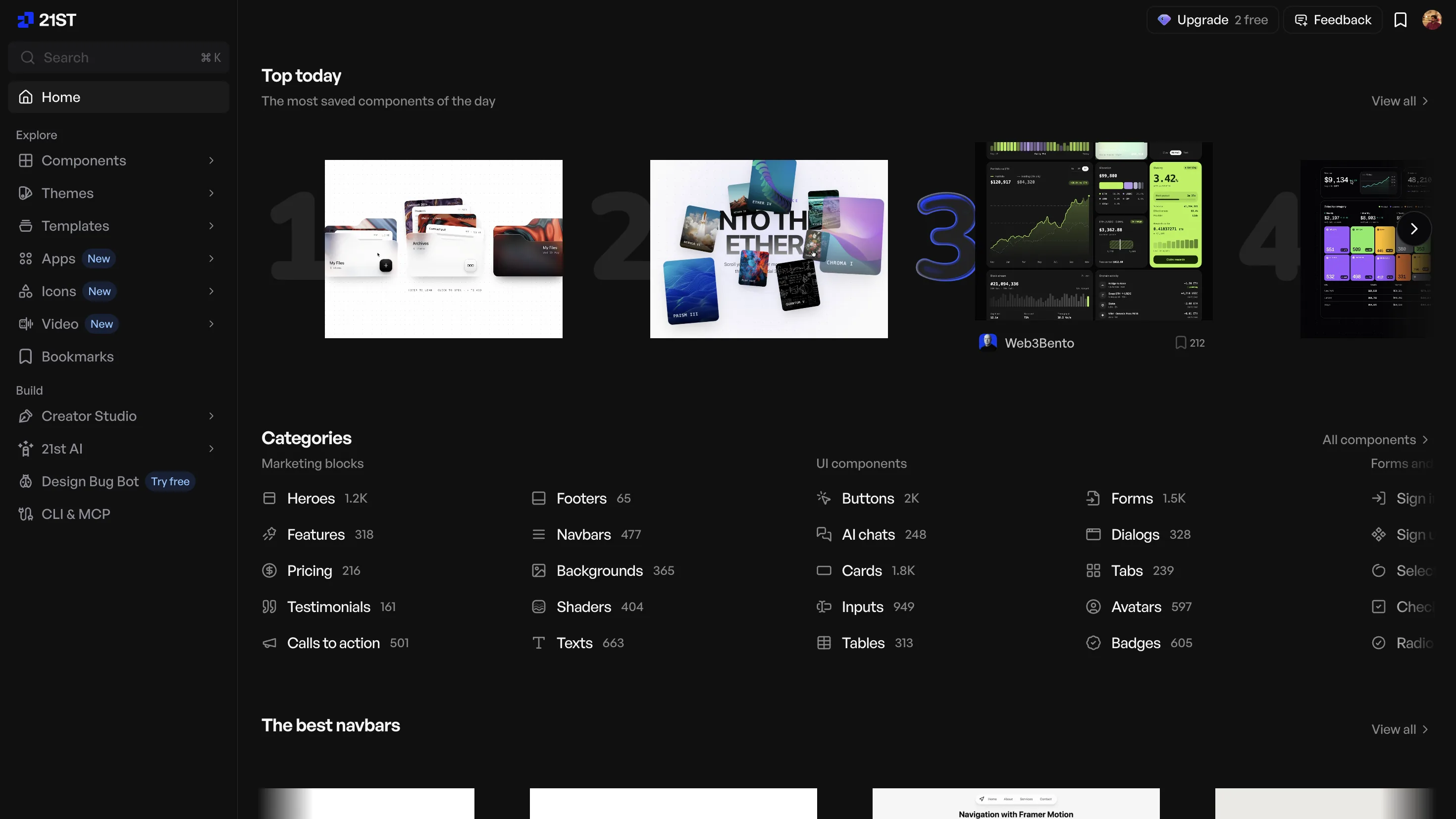 21st.dev homepage, the community marketplace of React components, templates and shadcn themes, compared here with Wensity UI