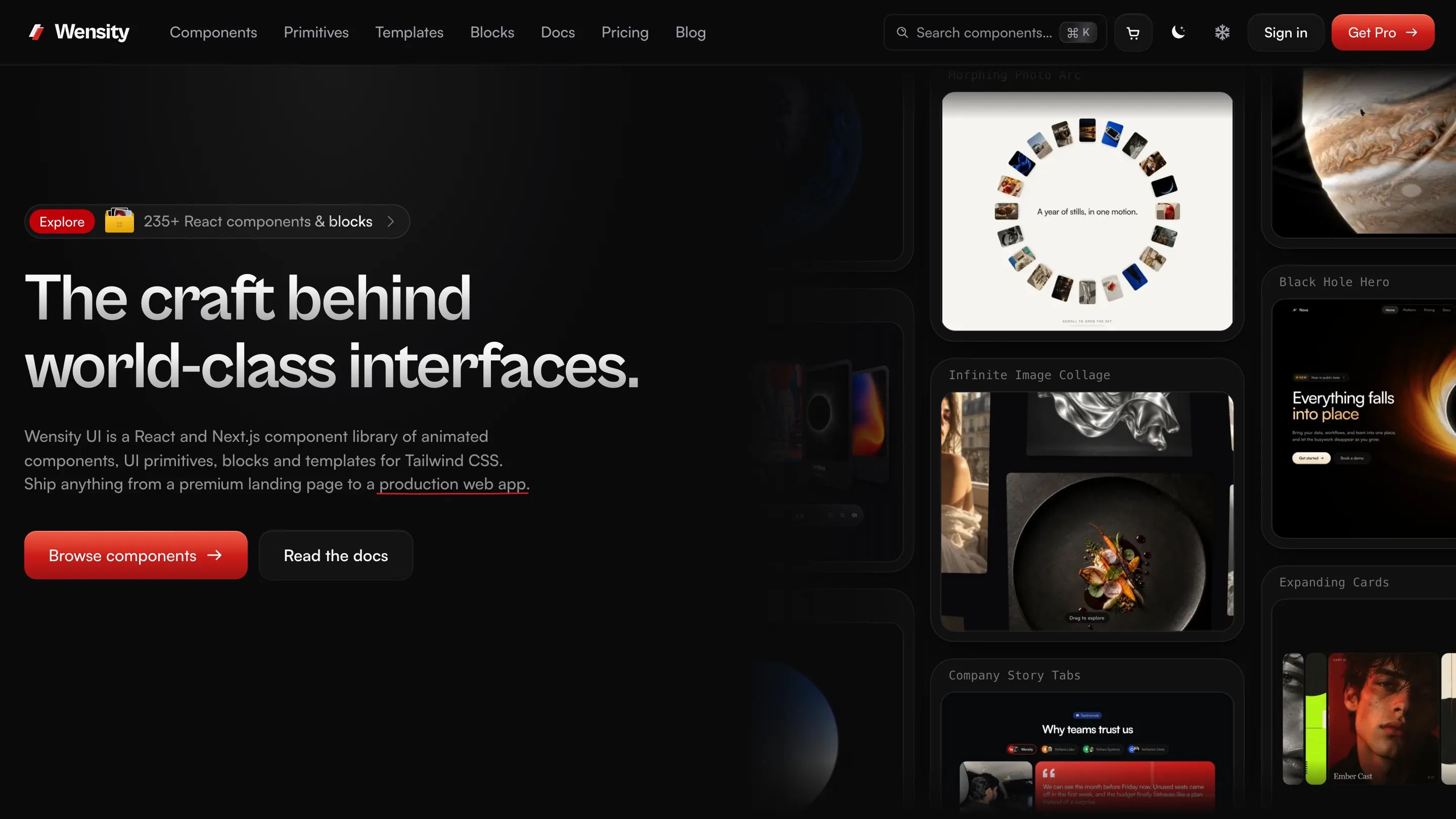 Wensity UI homepage with the headline The craft behind world-class interfaces and a wall of live component previews