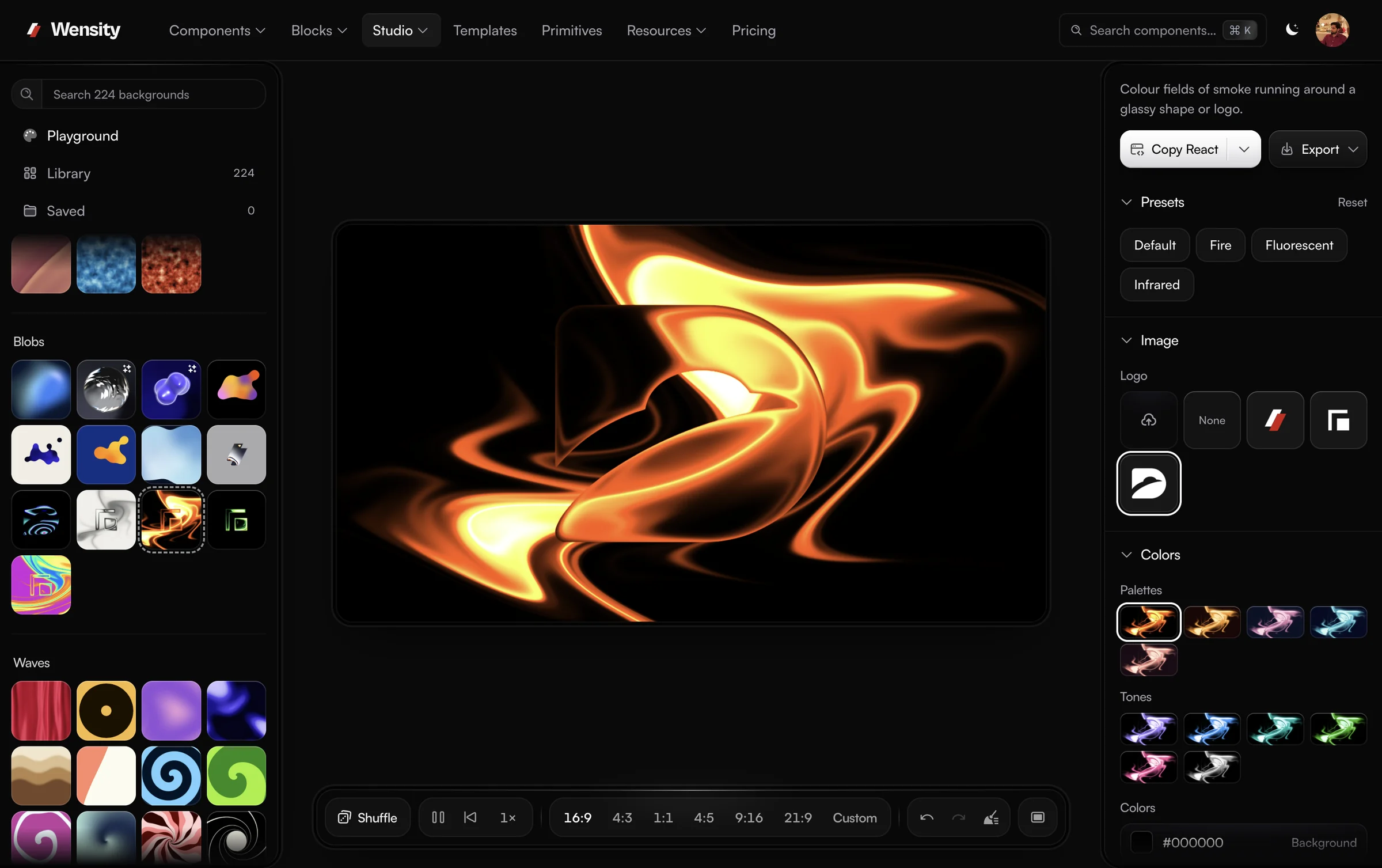Background Studio with Gem Smoke Fire on the canvas, the Library of looks on the left and presets, logo and colour palettes on the right