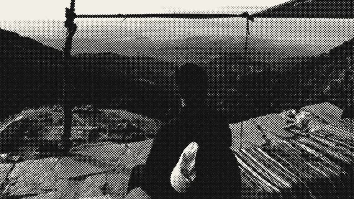 A photo of a hiker turned to black and white halftone in the Halftone Generator