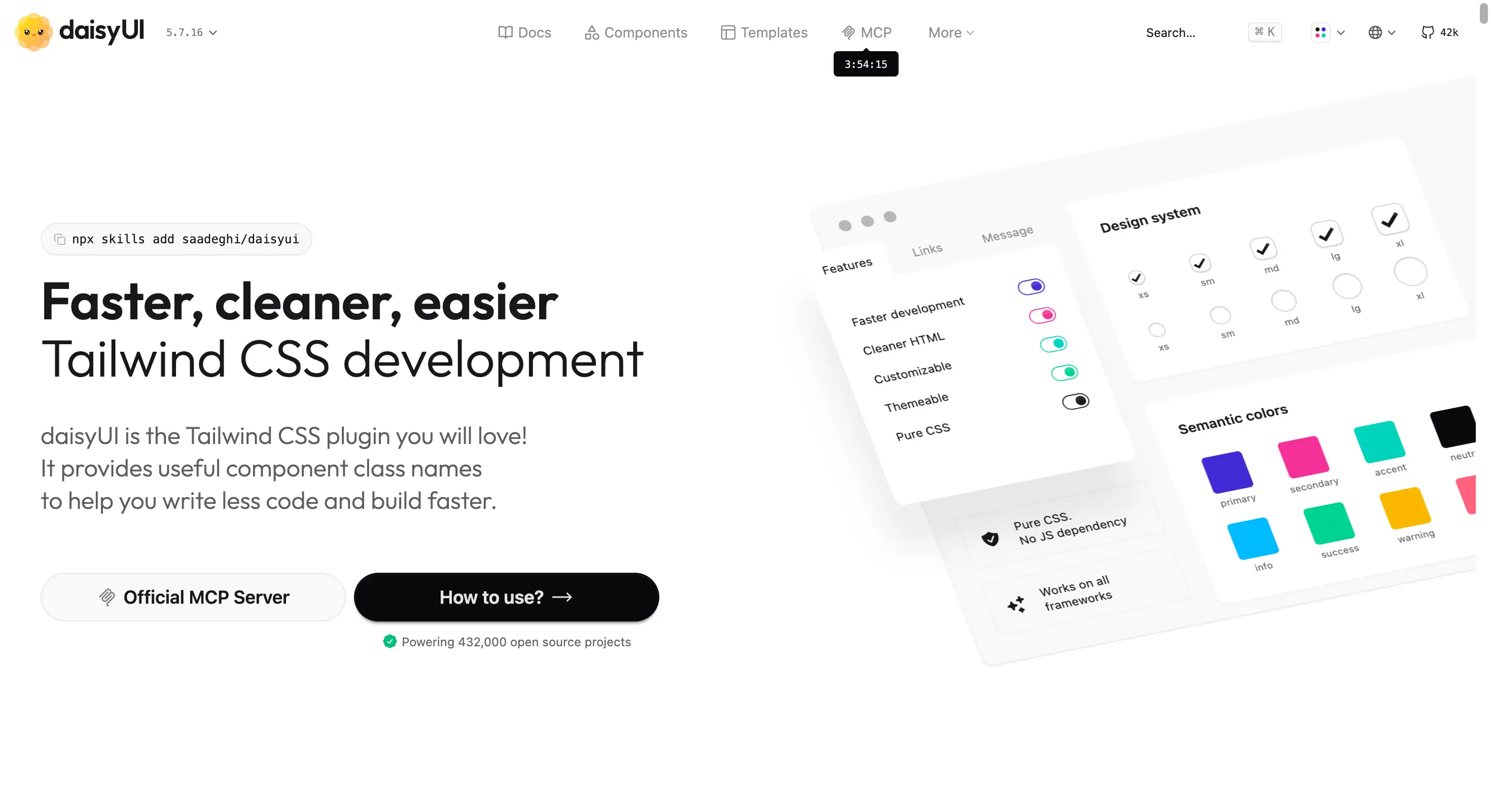 daisyUI homepage showing its Tailwind CSS component library