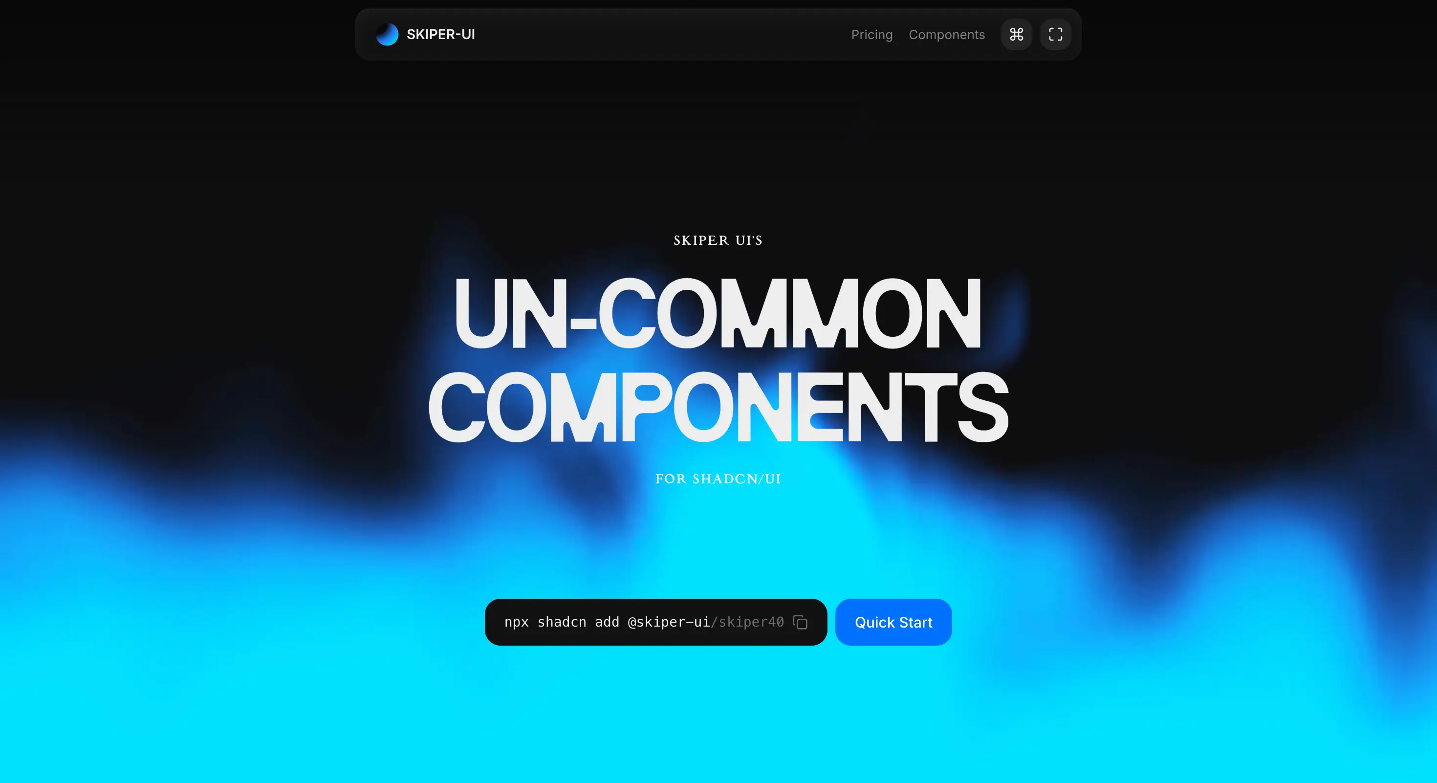 Skiper UI homepage showing uncommon components for shadcn/ui