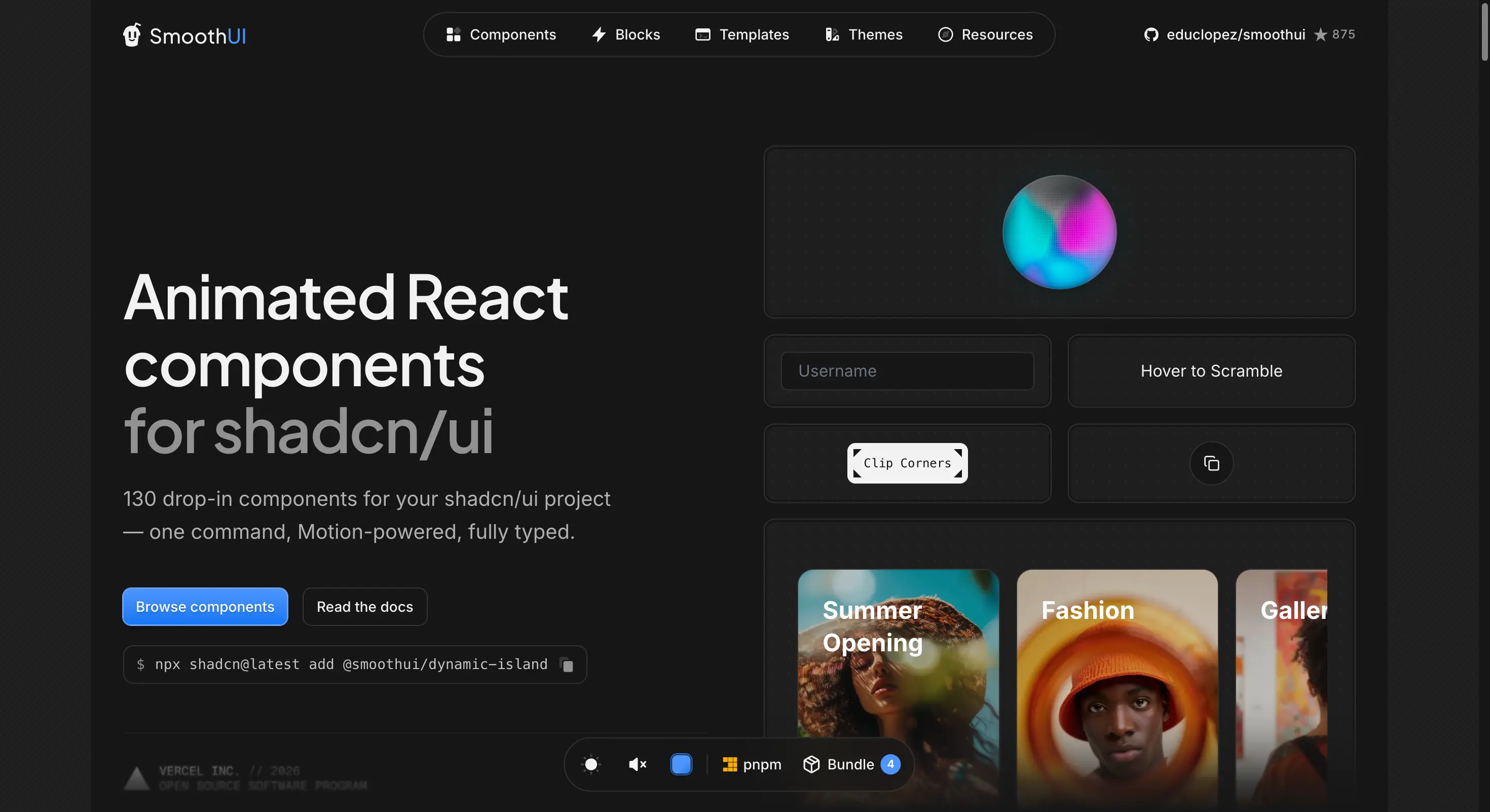 SmoothUI homepage showing animated React components for shadcn/ui