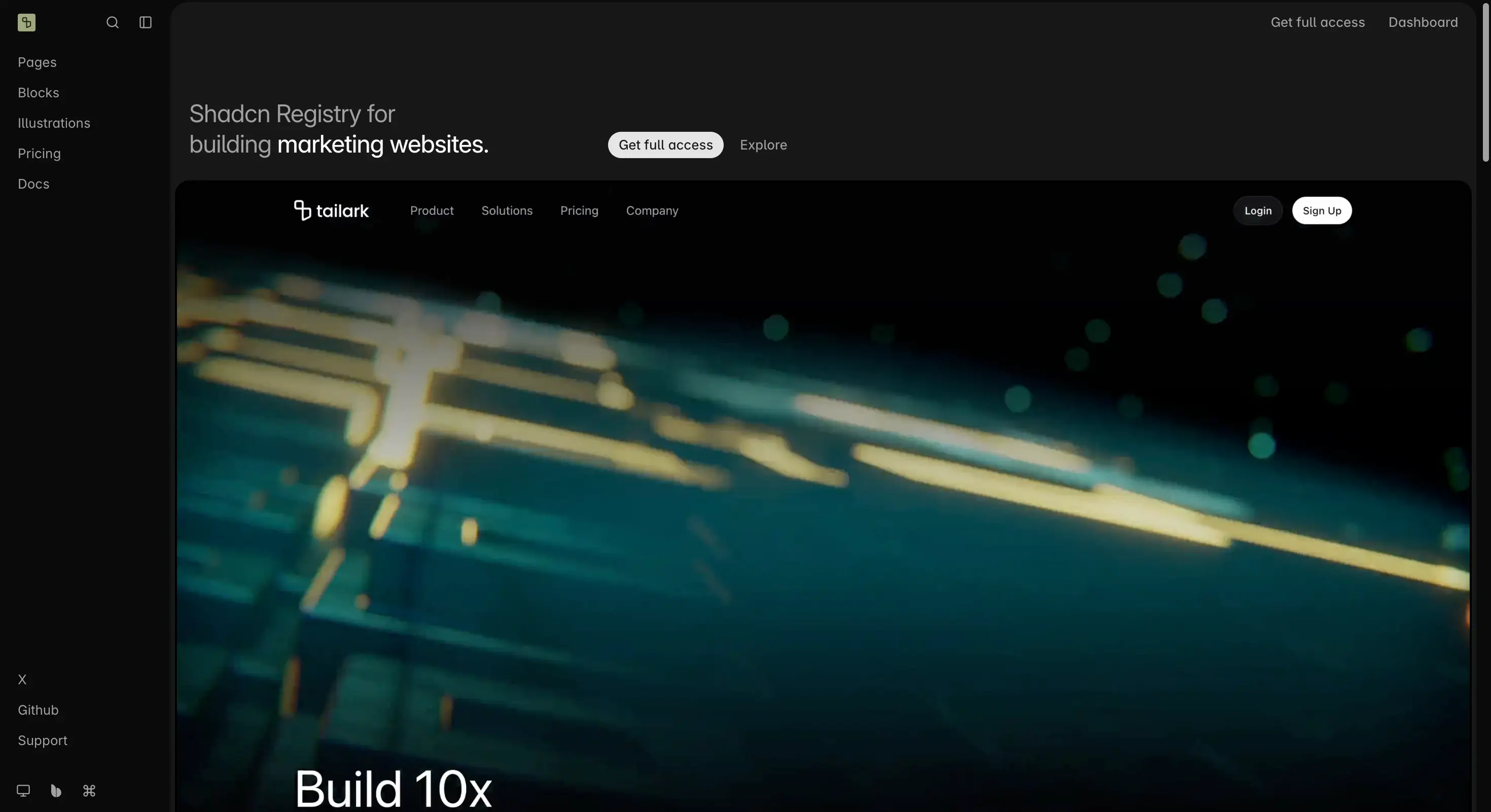 Tailark homepage showing its shadcn/ui component registry for marketing pages