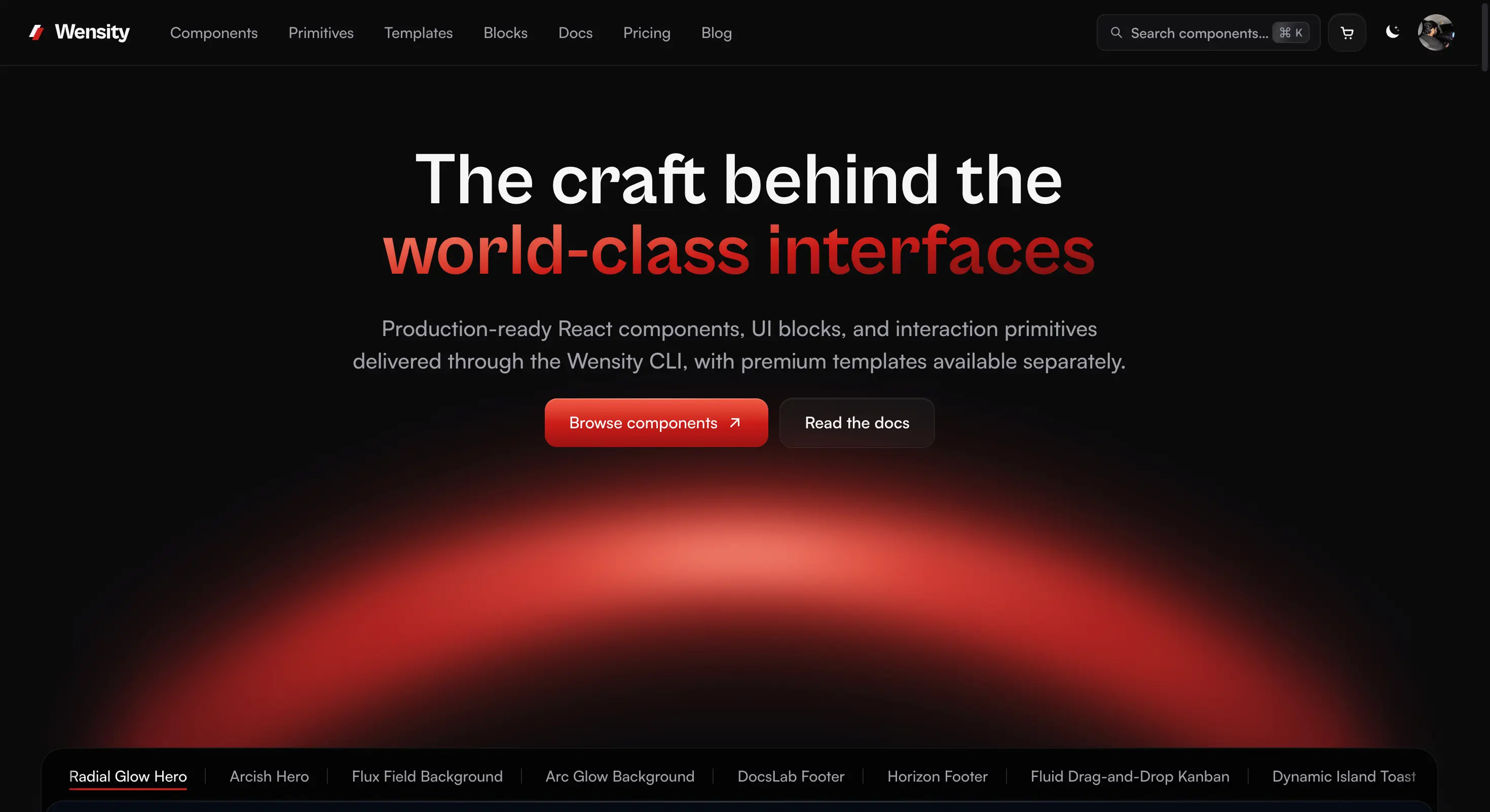 Wensity UI homepage showing its premium components, blocks, and templates