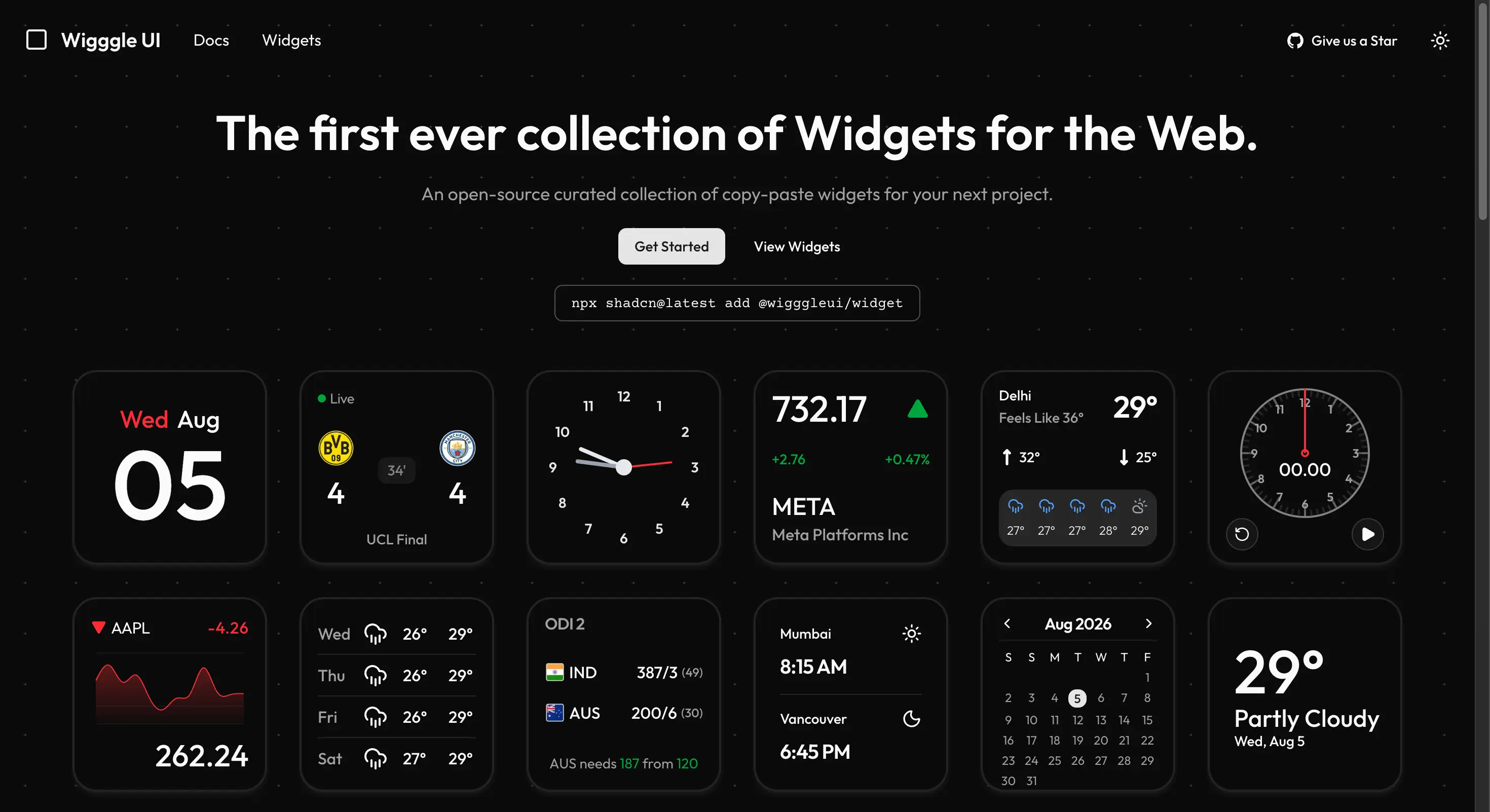 Wigggle UI homepage showing its open source widgets for the web