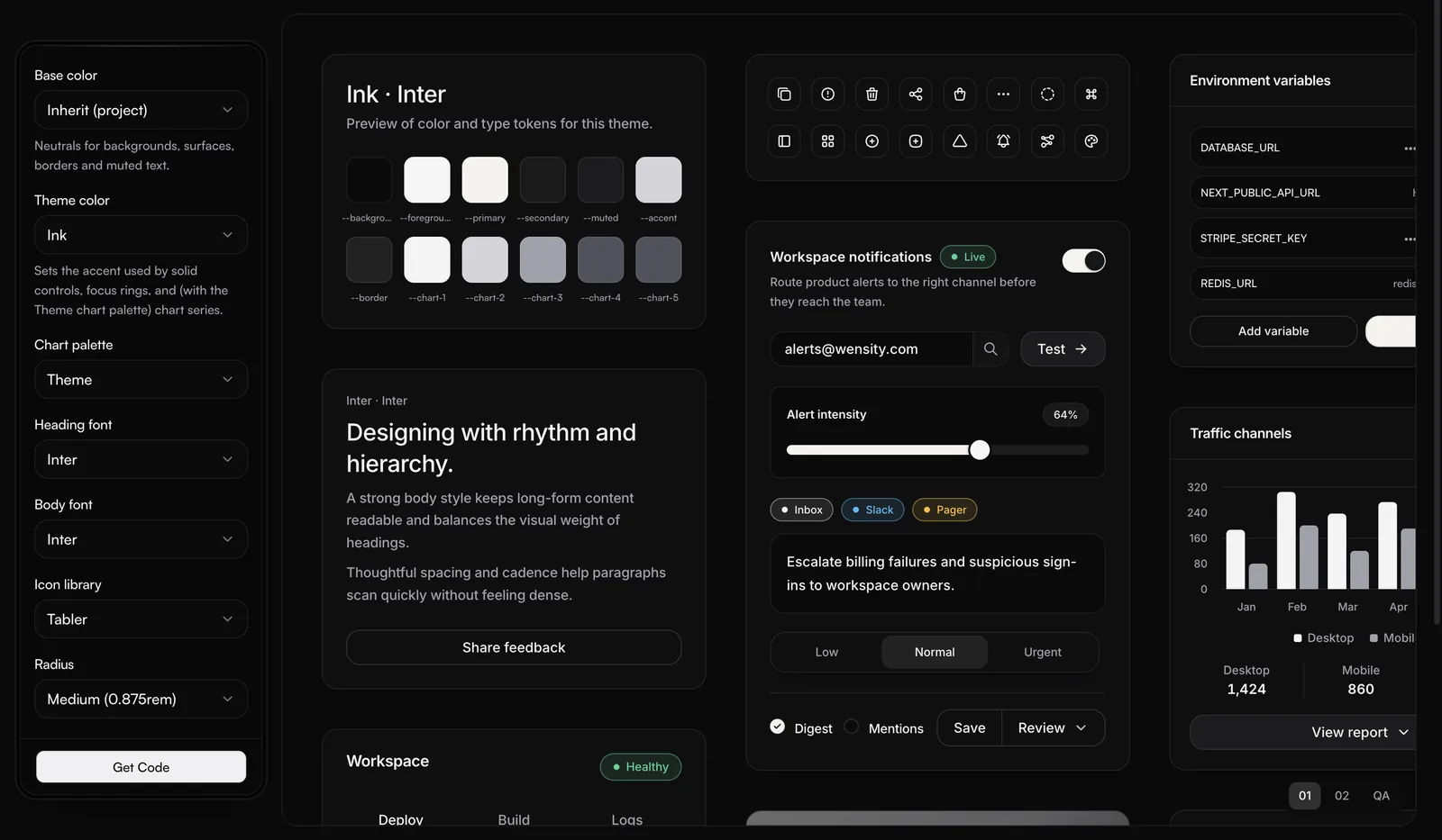 Create Preset with theme, font, icon and radius controls on the left and components repainted in the Ink theme