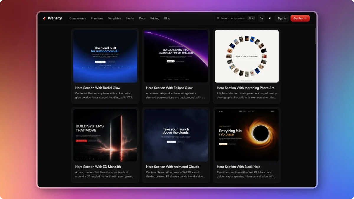 Grid of Wensity hero section blocks for React and Tailwind CSS, including radial glow, eclipse glow, 3D monolith, animated clouds and black hole heroes