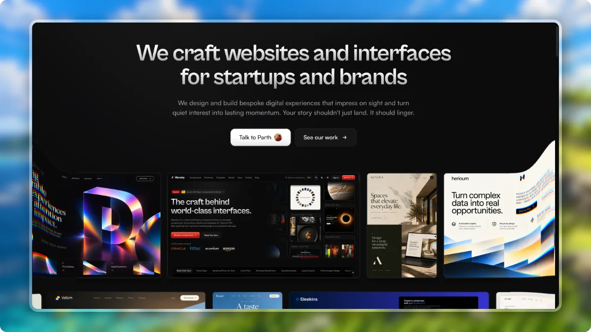 Wensity studio website with the headline We craft websites and interfaces for startups and brands, above a row of client work