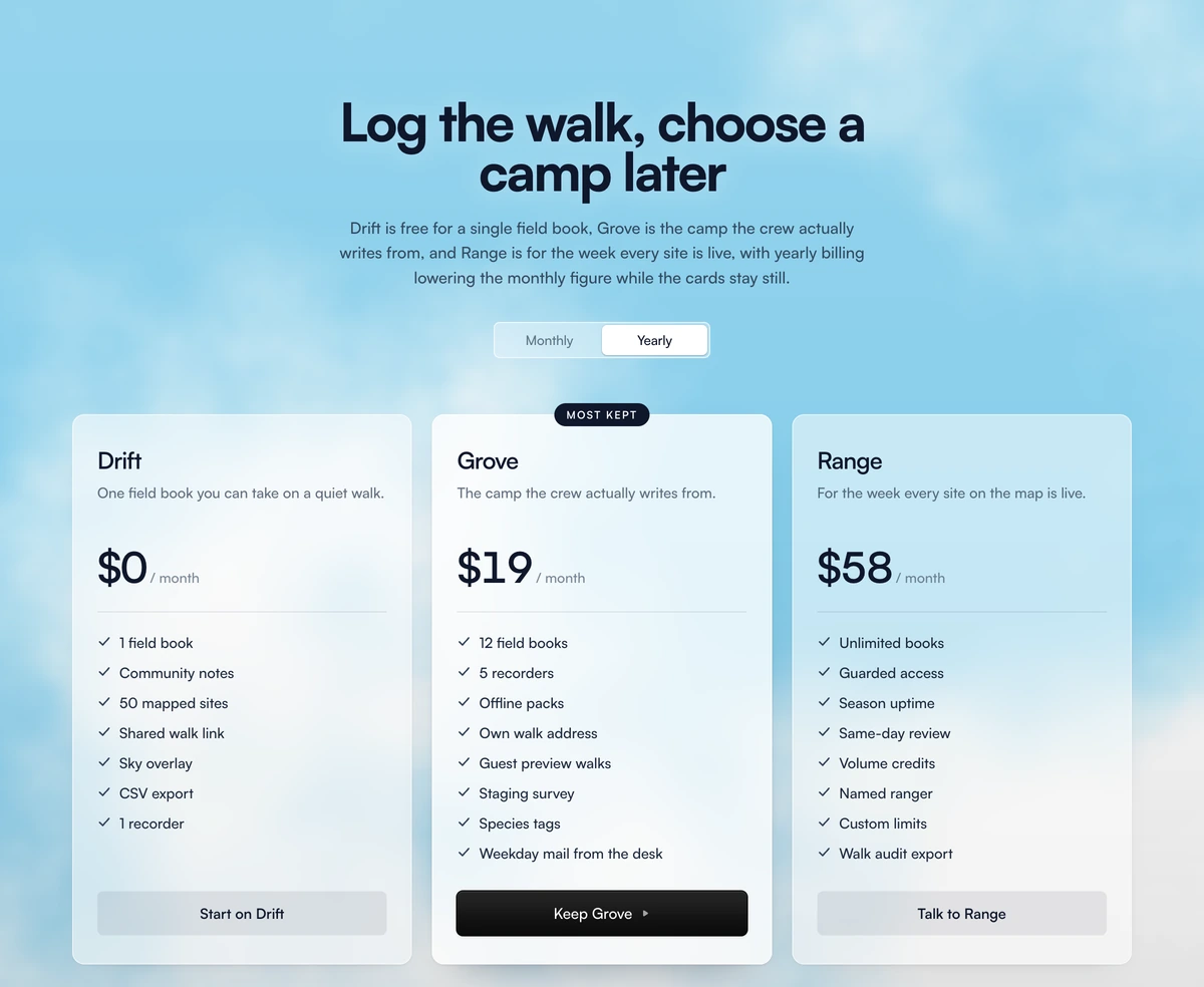 Light mode animated clouds pricing section preview