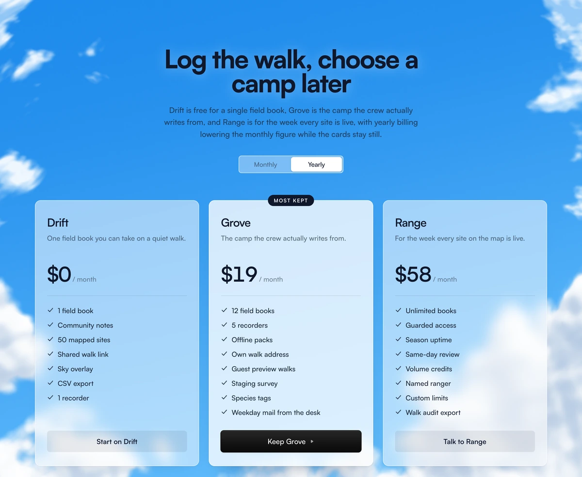 Light mode animated clouds pricing section preview