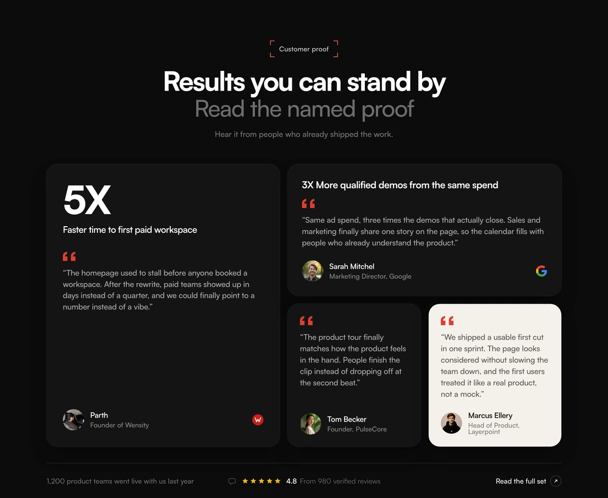 Metric bento social proof section preview