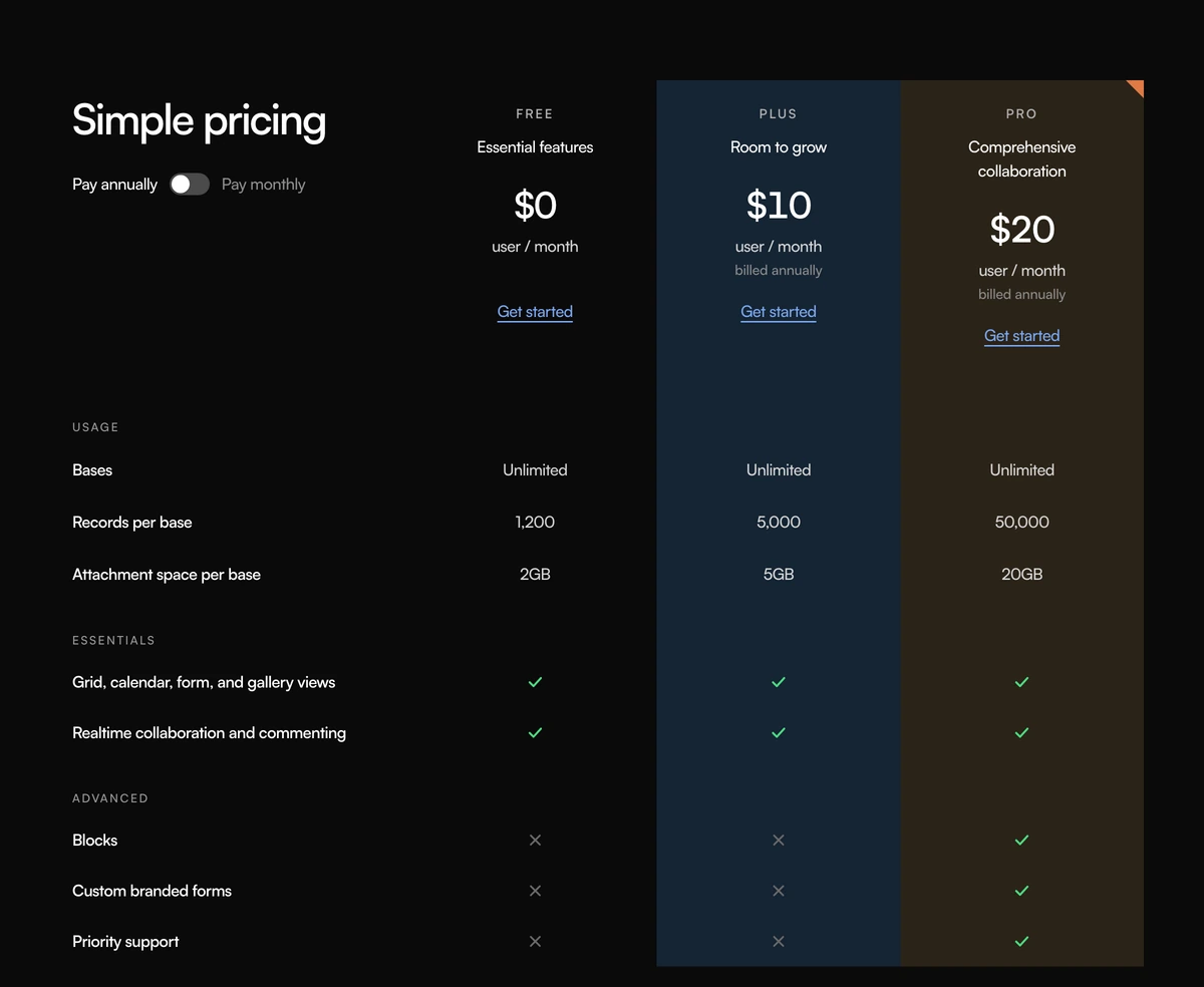 Comparison Section With Simple Pricing block preview