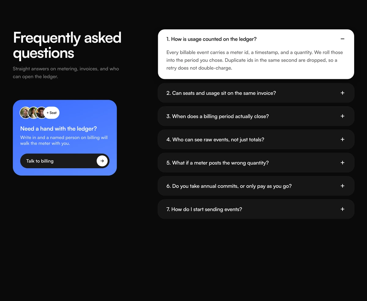 FAQ Section With Numbered Support Card block preview