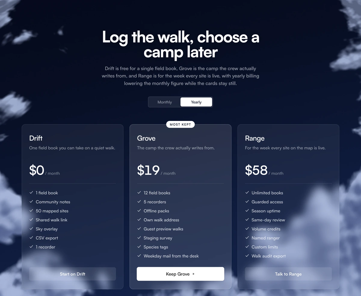 Pricing Section With Animated Clouds block preview